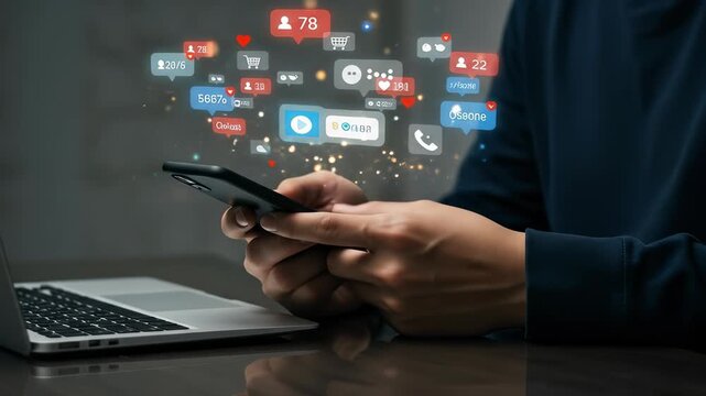 Social Media Overload: Man Using Phone with Notifications and Laptop, Digital Marketing, Online Addiction, and Internet Engagement Concept