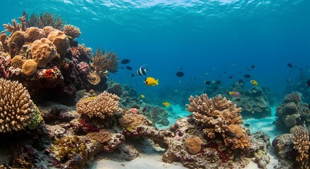 Fototapeta premium Breathtaking underwater world with a vibrant coral reef and tropical fish in clear turquoise water.