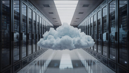 Immersive cloud computing concept emerges from sleek, modern server room, symbolizing digital transformation and data innovation.
