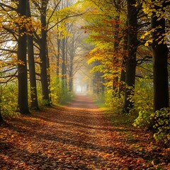 Obraz premium A path covered in fallen leaves winds through a forest with trees displaying vibrant autumn colors. The path leads into a misty distance.