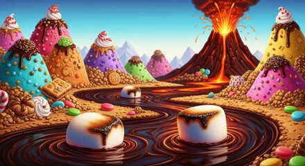 Surreal landscape with candy mountains, chocolate river and marshmallows
