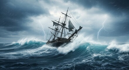 Tall ship sailing through stormy seas with lightning
