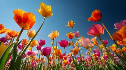 Vibrant tulip field in full bloom under a clear blue sky, showcasing a variety of colors and hues.