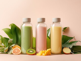 Colorful smoothie bottles with fresh fruits and tropical leaves on a light background