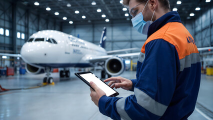 Dedicated aviation technician monitors aircraft status on tablet in hangar, showcasing modern maintenance and safety protocols for commercial air travel.