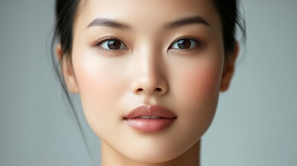 Close-up portrait of a woman with flawless skin.