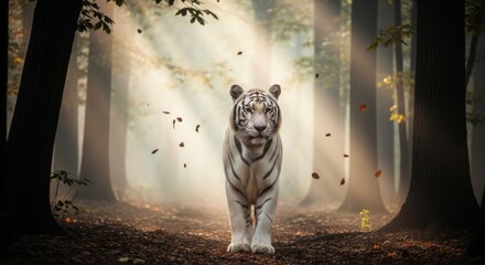 White tiger standing in a forest with falling leaves
