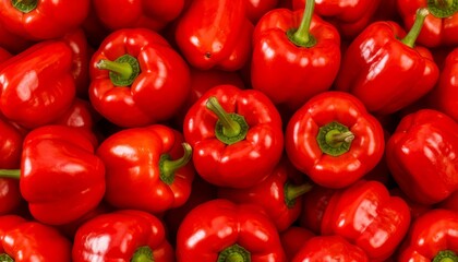 Glossy red bell peppers clustered together seamless background pattern, highlighting fresh produce colors and nutritional value with vivid culinary visual appeal
