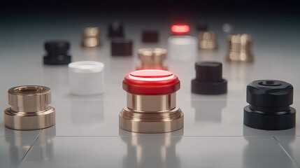 Red button stands out among metallic buttons