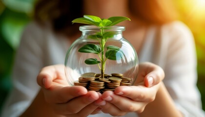 Woman grasping transparent jar with green money tree seedling emerging from coin stack, representing financial investment and growth potential