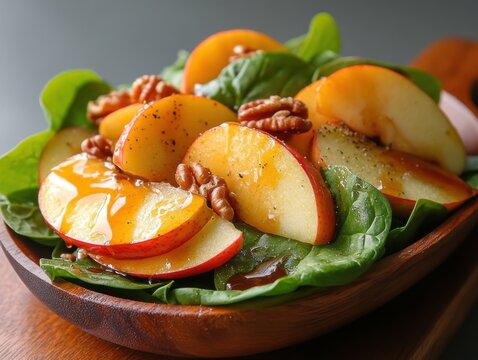Healthy apple salad with spinach and walnuts served in a wooden bowl on a rustic table - Powered by Adobe