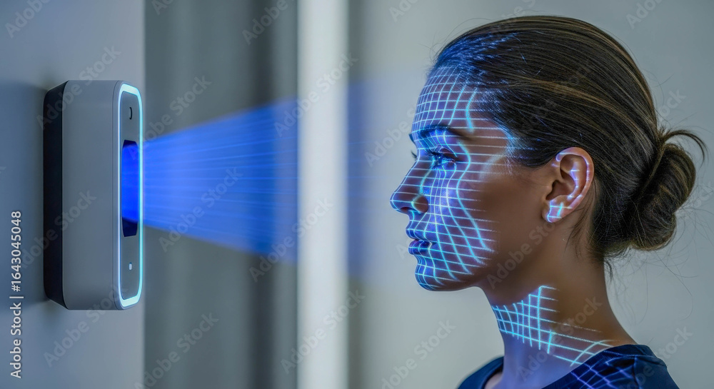 Poster woman scanned by face recognition device. biometric security system. digital grid mapping profile of