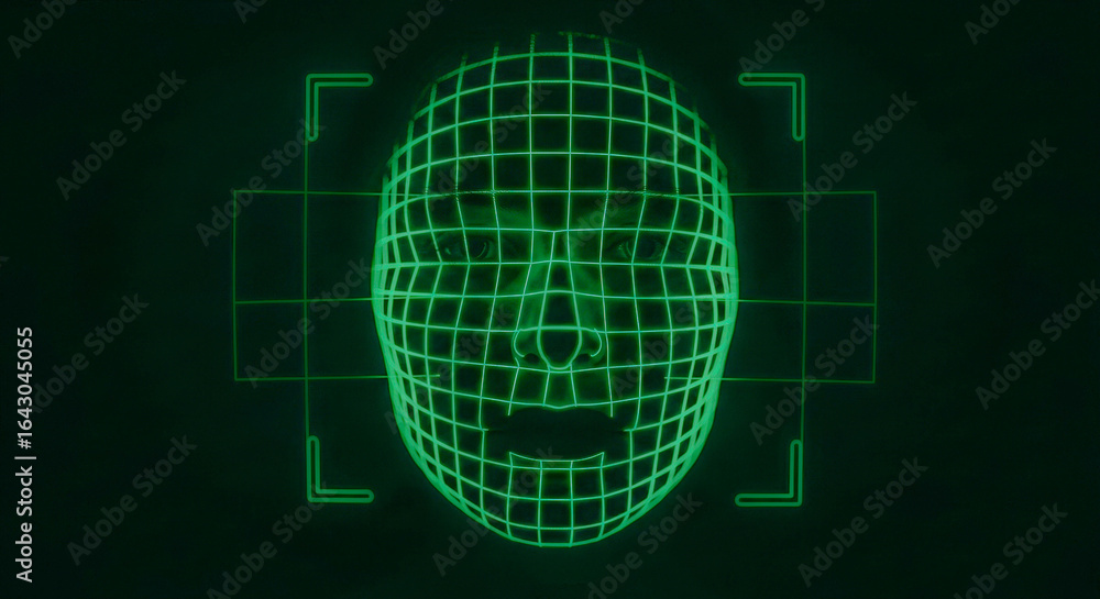 Poster digital human face with a green grid overlay on a dark background. facial recognition technology for
