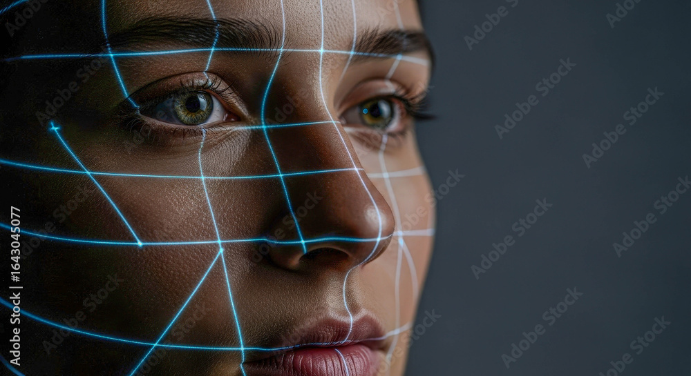 Poster close up of a woman's face with a grid projected on it, representing facial recognition and biometri
