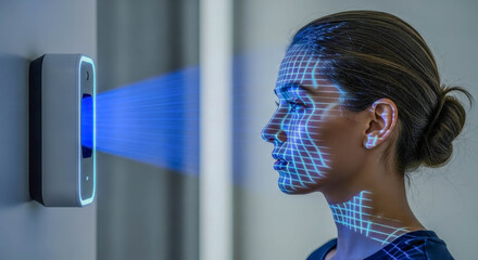 Woman scanned by face recognition device. Biometric security system. Digital grid mapping profile of female and facial scan.
