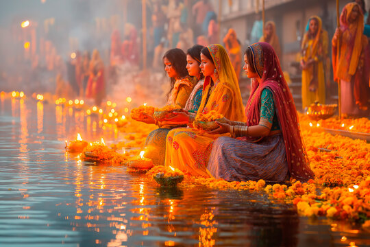 Sunrise rituals on the river during Chhath Puja festival