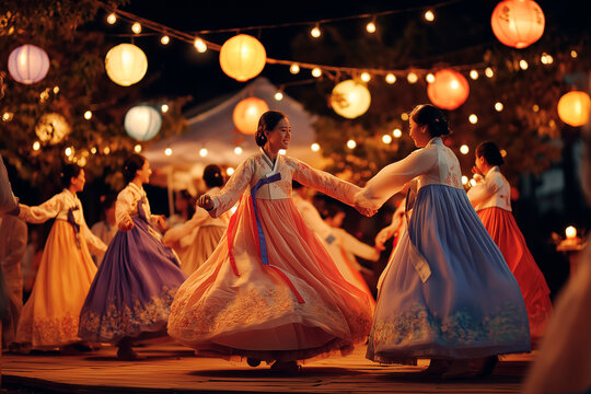Chuseok celebration with ganggangsullae dance under full moon and glowing lanterns