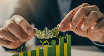 Person's hands holding a green paper ship over a growing bar graph with green sprouts. Sustainable business and environmental investment concept.