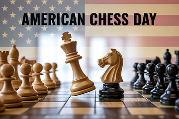 Celebrate American Chess Day with a strategic showdown, featuring classic chess pieces in a patriotic setting, perfect for holiday promotions and sports content.