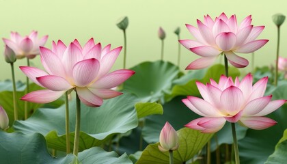 Obraz premium Pink lotus blossoms floating above verdant foliage, reflecting peaceful water surface with delicate petals spreading softly around serene aquatic landscape