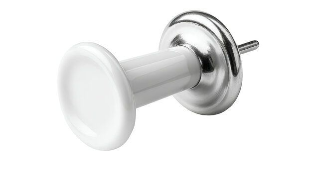 White pushpin isolated with soft shadow on white background — high-resolution PNG-style cutout with transparent background feel, minimal stationery object for notice boards, planners, office branding