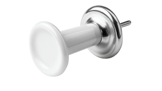 White pushpin isolated with soft shadow on white background — high-resolution PNG-style cutout with transparent background feel, minimal stationery object for notice boards, planners, office branding