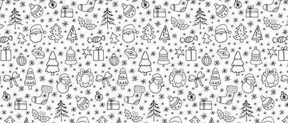 Seamless Christmas pattern with hand drawn holiday elements. Holiday icons and shapes in doodle style. Perfect for gift wrapping and backgrounds. © Katerina