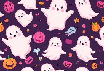 Adorable pink ghosts and Halloween elements in a repeating pattern, pastel halloween, seamless texture