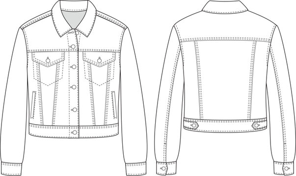 Editable technical flat of a classic fitted denim jacket with flap chest pockets, front seams, topstitches, and buttoned cuffs. Includes front and back views for fashion, techpack, and production.