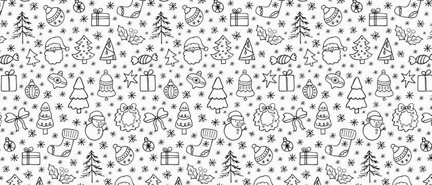 Seamless Christmas pattern with hand drawn holiday elements. Holiday icons and shapes in doodle style. Perfect for gift wrapping and backgrounds.