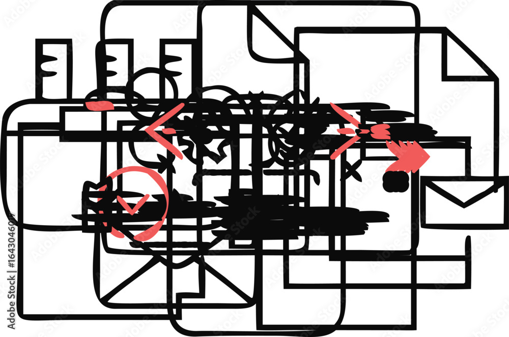 Poster black and coral flat line icons representing office workflow and communication vector
