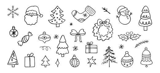 Set of hand drawn Christmas and winter designs, festive holiday elements, illustrations for greeting cards and decorations.