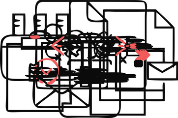 Black and coral flat line icons representing office workflow and communication vector