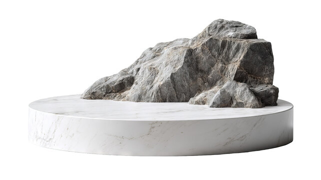 White stone podium platform on transparent background — high-resolution PNG cutout of a minimal natural rock pedestal for cosmetics and skincare product display, empty stage mockup for branding