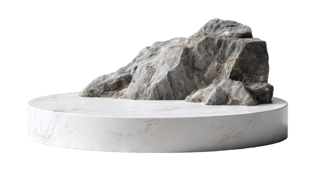 White stone podium platform on transparent background — high-resolution PNG cutout of a minimal natural rock pedestal for cosmetics and skincare product display, empty stage mockup for branding