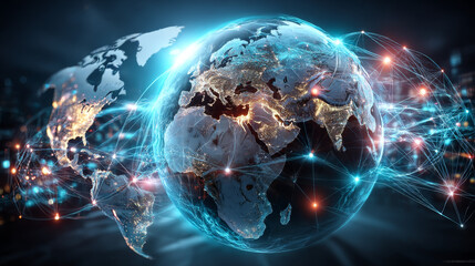 Obraz premium Hands holding globe with network connecting data of telecommunications infrastructure, digital networks, wireless technologies, facilitating global communication, information exchange, connectivity.