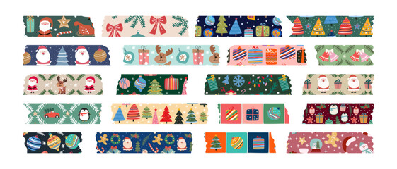 Set of various washi tape strips with Christmas theme for holiday decor and scrapbooking. Christmas and New Year washi tapes.