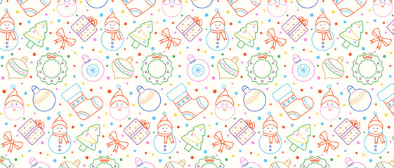 Seamless merry christmas geometric pattern with colorful outline holiday symbols and confetti for festive decoration.