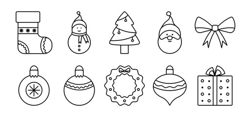 Set of Christmas outline icons. Simple line illustration of Christmas sock, snowman, tree, Santa, gift, decoration and wreath for holiday design.