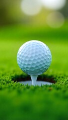 Generative AI: A close-up of a golf ball on a tee set against a blurry green background