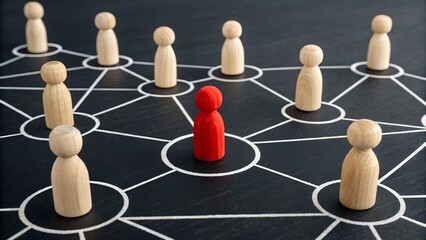 Network Centrality – Social Connection and Influence Concept, Abstract, Strategy, Motivation, Black Background, Wooden Figurines and Web Structure