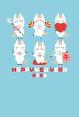 年賀状素材午年の可愛い馬のキャラクター年賀はがきテンプレート（白馬　ブルー）