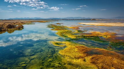 Obraz premium Colorful water flows in lake against mountains under cloudy sky for travel marketing
