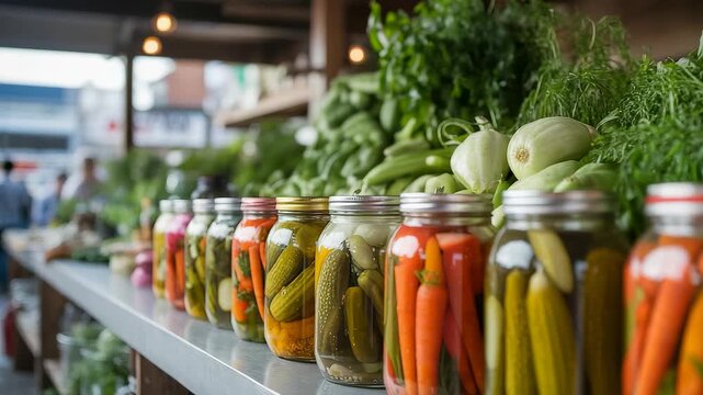 Pickle Jars With Carrots Cucumbers On Market Table Fresh Herbs Vegetables Display Stall