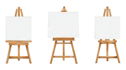 Wooden easel with blank canvas isolated on transparent background — high-resolution PNG cutout with clean clipping path, vector-style illustration for painting mockups, art studio decor