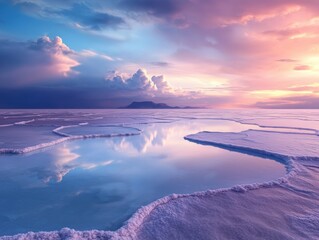 Breathtaking sunset over a vast salt flat reflecting a colorful sky with tranquil water pools at dusk