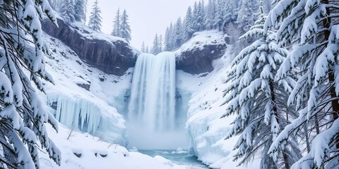 Frozen waterfall cascades down icy cliffs, snow-covered pines frame a magical winter scene , mobile, illustration