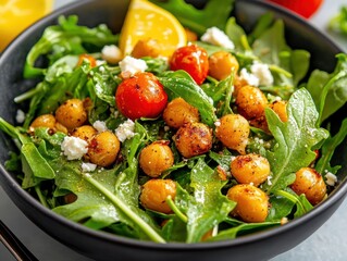 Fresh chickpea salad with arugula and cherry tomatoes served in a bowl with lemon wedge