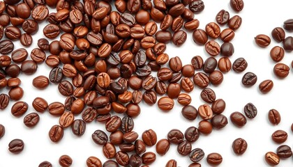 Fototapeta premium Roasted coffee beans scattered on white background, ample copy space, agriculture, detail