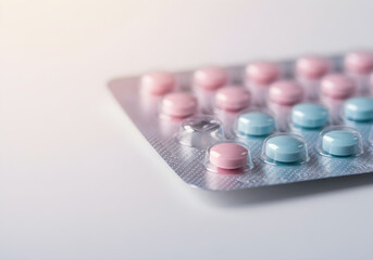 Close-up of a blister pack with pink and blue pills, symbolizing health, wellness, and medical treatment options for a brighter future.